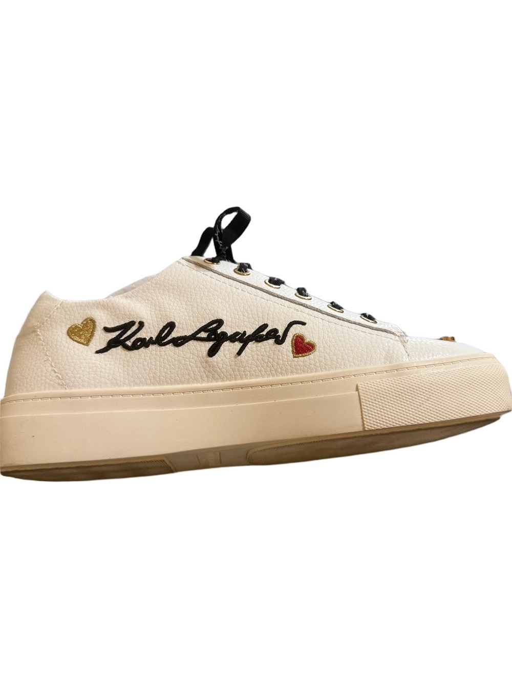 Karl Lagerfeld White Leather Sneaker with Black Laces and Gold & Red Charms - Picture 4 of 9